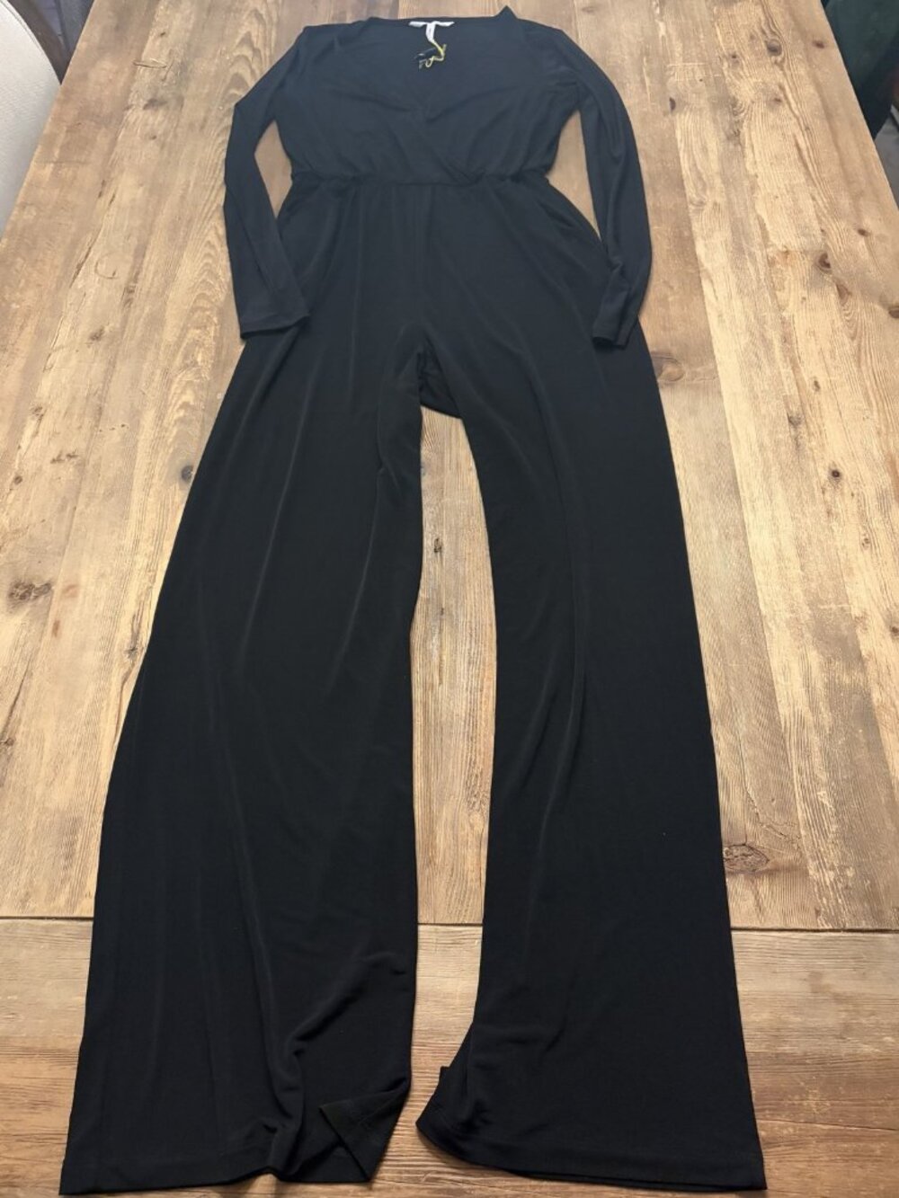 BCBGeneration Womens S Black V Neck Wide Leg Jumpsuit Long Sleeve Elastic Waist